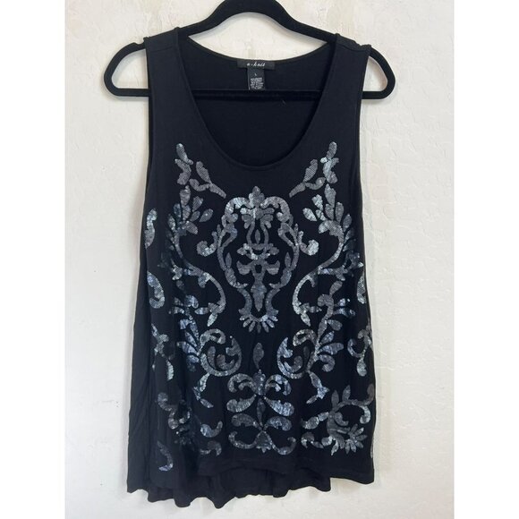 u-knit Tunic Tank Sequin Embellished Tank Top Women L Black Silver Sequins Stret - Picture 1 of 6